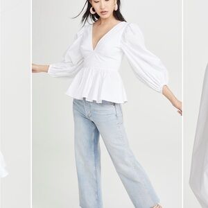 STAUD White Fitted Peplum 3/4 Sleeve Blouse